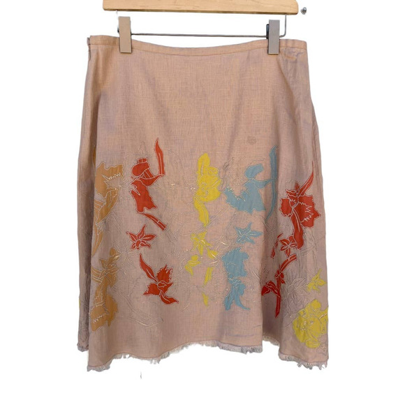 Intuitions A-line Skirt Tan Multicolored Floral Embroidered Linen 10 - Picture 6 of 10
